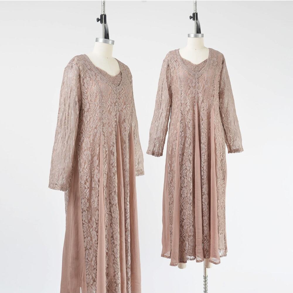 Vintage 90s Brown Sheer Lace Floral Boho Grunge Maxi Dress L